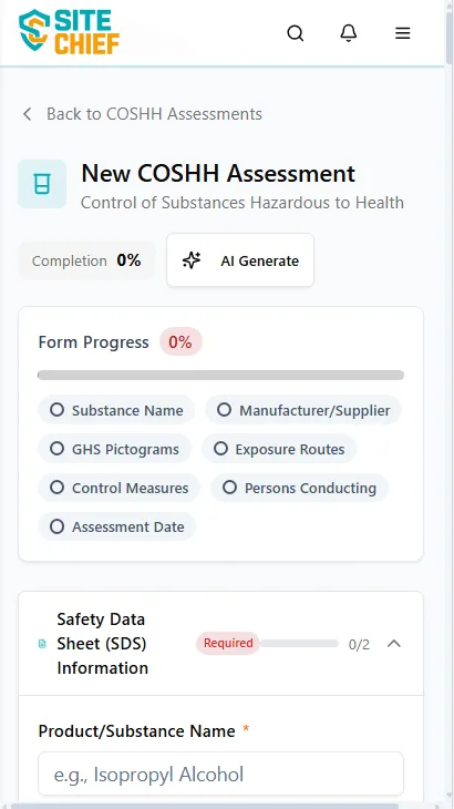 COSHH Management - Complete COSHH assessments with automatic SDS data extraction